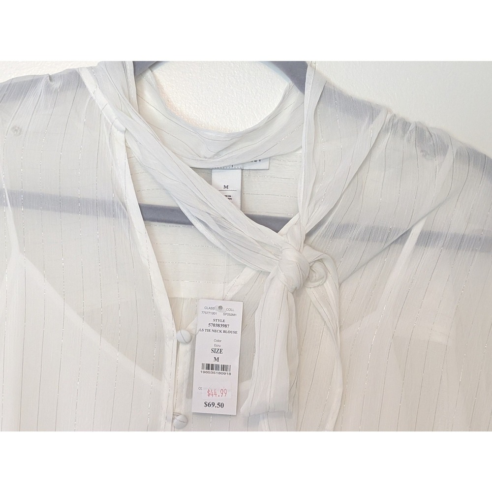 WHBM Tie Neck Blouse NWT White Metallic Pinstripe Ruffle M Office Romantic Fairy - Picture 3 of 12